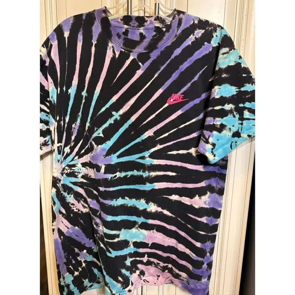Nike Sportswear Womens Tie Dye Short Sleeve T-Shirt Black Baltic Blue Size Small